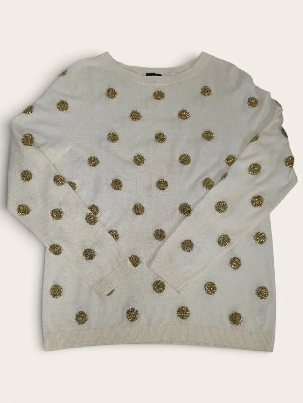 Talbot's Women's Cream Crewneck Sweater with Gold Tinsel Pom-Pom Dots